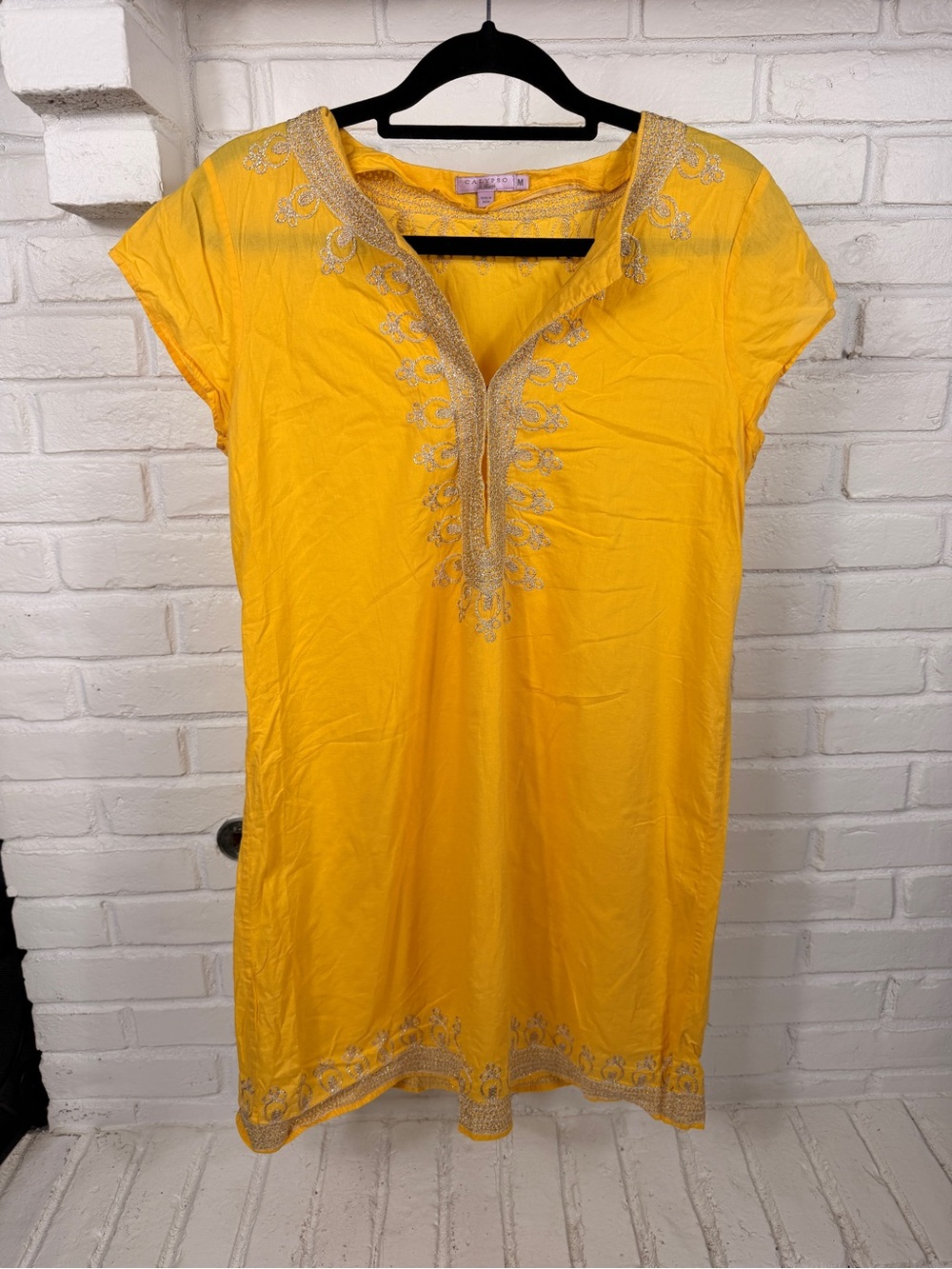 Calypso St. Barth Yellow Embroidered Tunic Dress Cover Up Medium Cotton Boho